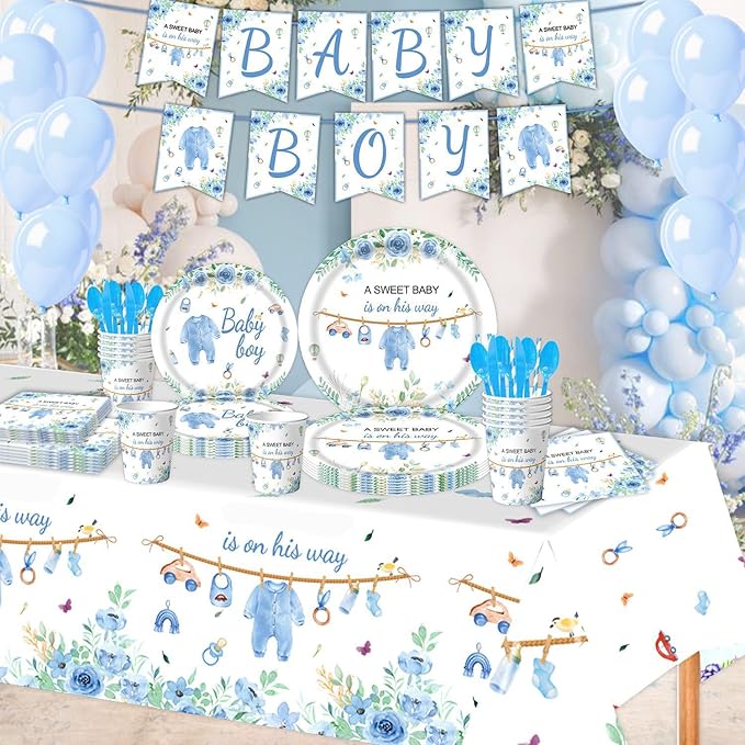 Blue Baby Boy Shower Party Supplies Tableware Sets,Includes Disposable Plates, Napkins, Cups,Straws,Cutlery, Balloons, Banner, and Tablecloth for Party Baby Shower Birthday Decorations,Serves 20