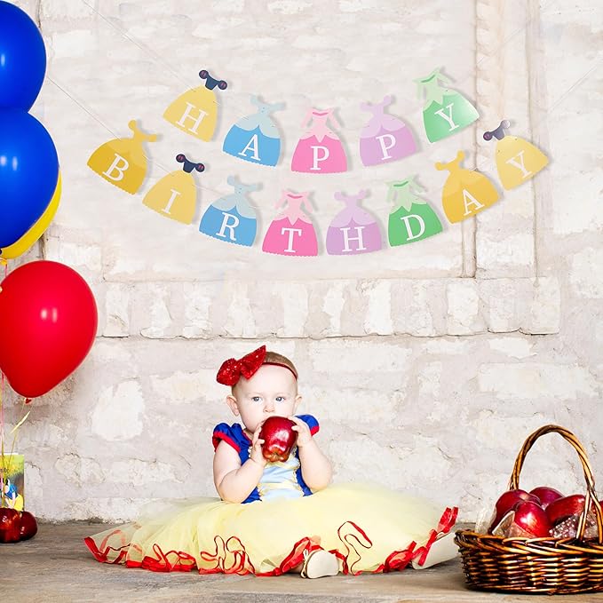 Princess Dress Happy Birthday Banner - Princess Birthday Party Decorations,Gril First/1st Party Bunting,Photo Prop Banner (Princess-1)