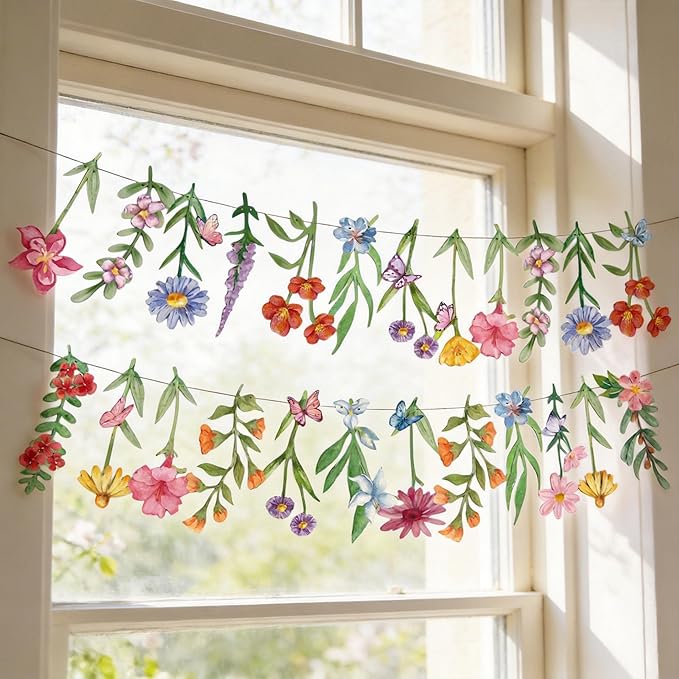 2Pcs Spring Wildflower Party Hanging Decorations, Watercolor Floral Banners Spring Wildflower Cutouts Garland Backdrop for Spring Summer Girls Garden Birthday Wedding Party Decor Supplies, 9.8Ft