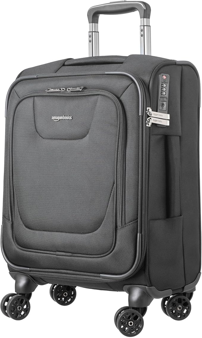Amazon Basics 20" Carry-On Luggage, Softside Suitcase With TSA Lock, 8 Spinner Wheels, Telescoping Handle, Front Exterior Pocket, 3 Interior Pockets, Black