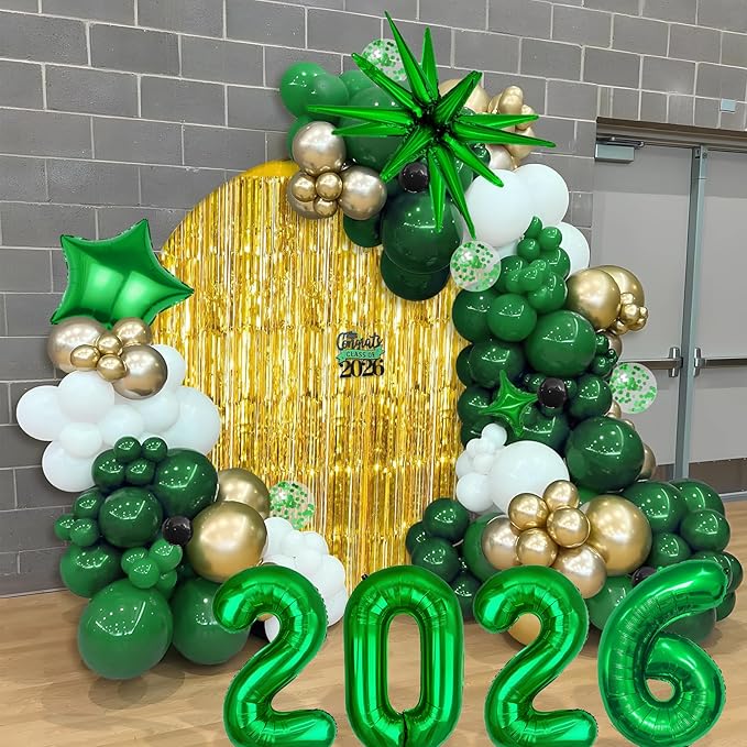 Graduation Balloon Garland Arch Kit for Graduation Decorations Class of 2026 - Dark Green Gold and White Balloon Different Sizes 5 12 18 Inch Graduations Balloons Arch for Grad Party Supplies