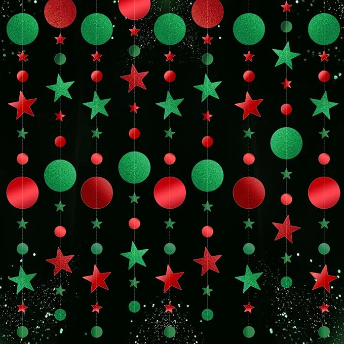 Glitter Star Garlands Decorations, 52 Feet Star Paper Garland Banner, Circle Dot Star Hanging Streamers for Valentine's Day Anniversary Wedding Birthday Ramadan Graduation Party Supplies Decorations