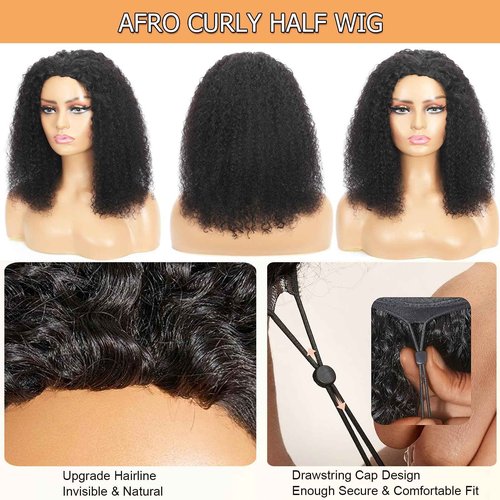 UWLK Half Wig Afro Curly 3 In 1 Glueless Wigs Human Hair 200 Density Curly Half Wig Human Hair for Women Beginner Friendly Drawstring Seamless Flip Headband Wig 18 Inch