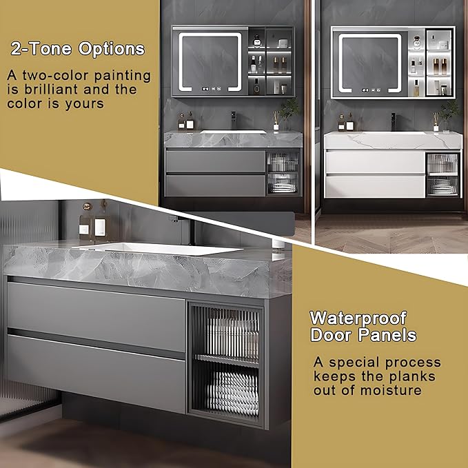 Gray 44IN Modern Bathroom Vanity - Wall-Mounted Bathroom Storage Cabinet & Bathroom Vanity with Sink, Bathroom Medicine Cabinet Wall Mounted, Defogging & Led Lighting | Bathroom Cabinet Slim