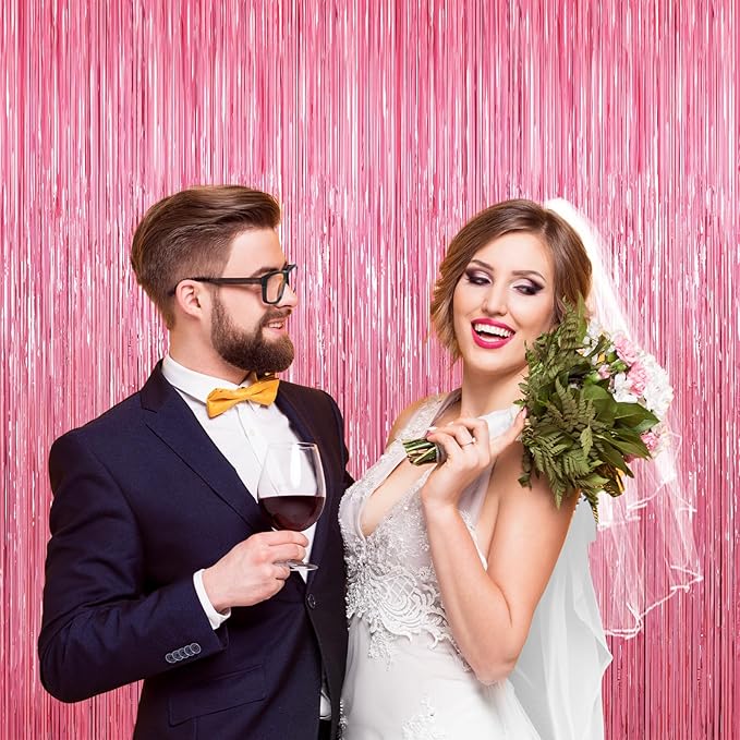 2 Pack Glitter Pink Backdrop, Pink Party Streamers Birthday Party Decorations, Laser Pink Fringe Curtains Foil Streamer Tinsel, Pink Curtains Photo Backdrop Happy Birthday Backdrop