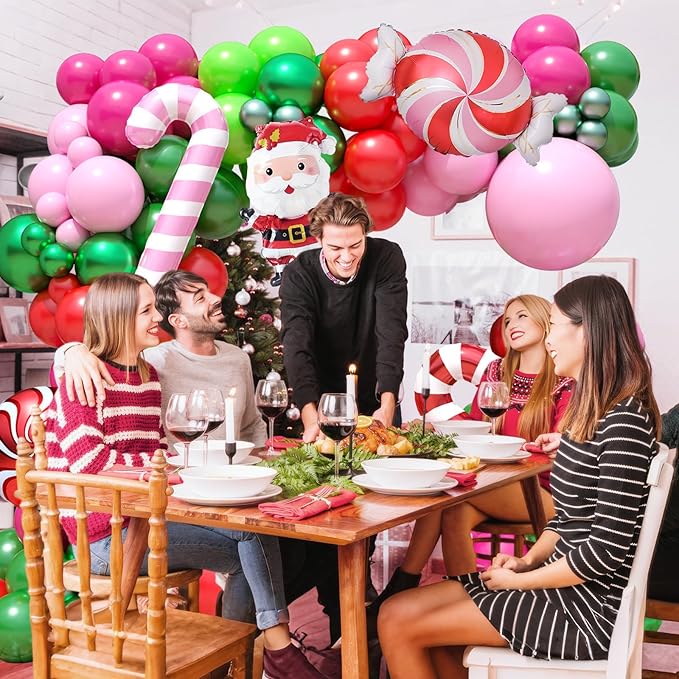 FunHot Christmas Balloon Arch Kit, Xmas Fruit Green Pink Balloon Garland, Hot Pink Red Metallic Green Latex Balloons with Candy Cane Santa Claus Windmill Foil Balloons for Christmas Party Decorations