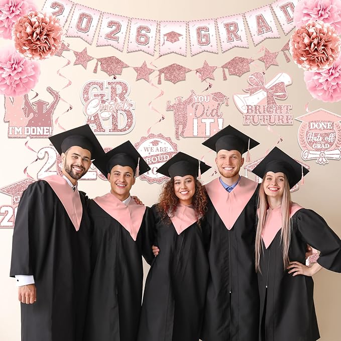 2026 Pink Graduation Decorations, 2026 Grad Banner and Congrats Grad Hanging Swirls, Rose Gold Graduation Banner Graduations Hanging Swirls College Graduations Party Decorations Class of 2026