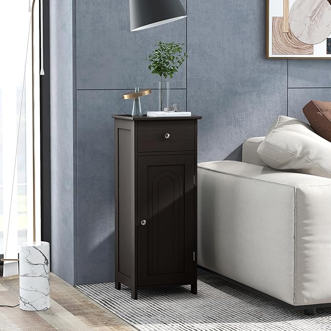 LOKO Bathroom Floor Cabinet, Modern Single Door Storage Cabinet with Drawer & Adjustable Shelves, Corner Narrow Storage Organizer for Living Room, Entryway (Brown)