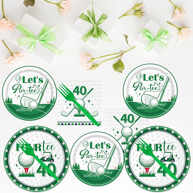 Rakuto Golf 40th Birthday Tableware Decorations for Men, Golf Theme Fourtee Birthday Party Plates Napkins and Forks, Disposable Paper Plates Supplies Decor Serves 24
