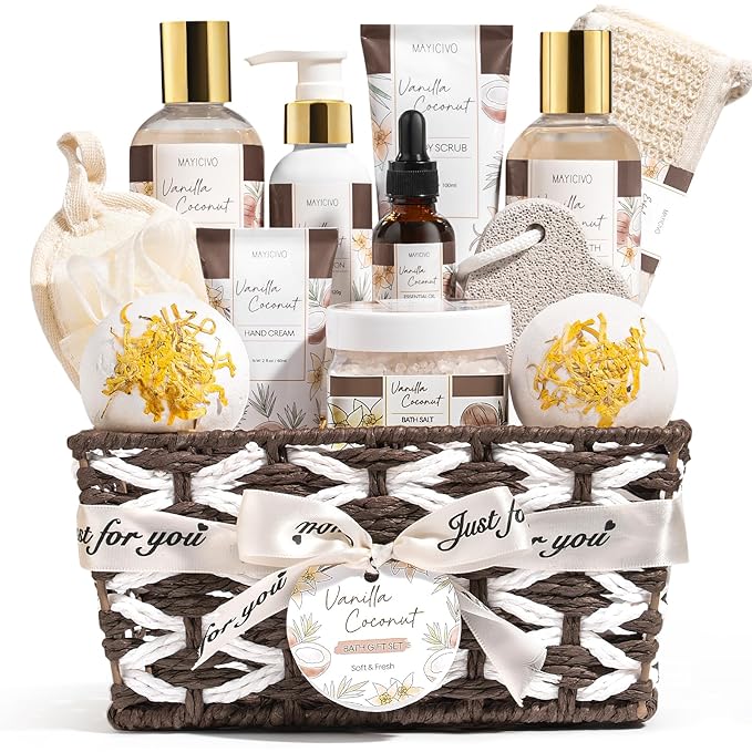 Birthday Gifts for Women, Vanilla Coconut Relaxing Spa Gift Baskets for Women Self Care Package Bath Gift Set, Home Bath and Body Kit Pamper Valentines Day Gifts for Her Womens Mom Friends Sister Wife