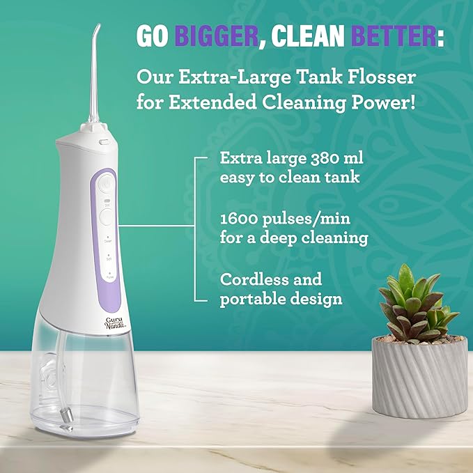 GuruNanda Water Dental Flosser 2.0 XL – 380ML Large Tank, 4 Flossing Modes, Cordless & Portable with Smart Timer for Deep Cleaning & Happy Gums - Lavender