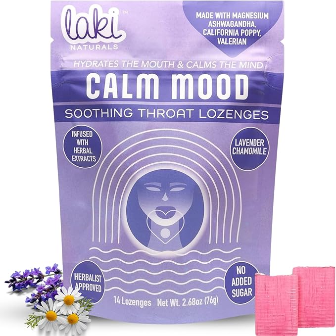 Laki Naturals Lavender Chamomile Calm Mood Functional Herbal Lozenges (14ct) Throat & Calming Hard Candies with Magnesium, Ashwagandha, California Poppy & Valerian. Vegan, Sugar Free, Gluten Free