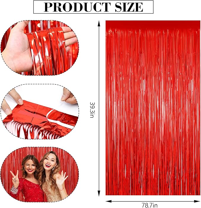 2Pack Red Foil Fringe Curtain, Red Tinsel Party Streamer Backdrop Curtains Wedding Photo Backdrop Party Decorations Door Streamers for Birthday Bridal Shower Bachelorette Xmas Anniversary Decorations