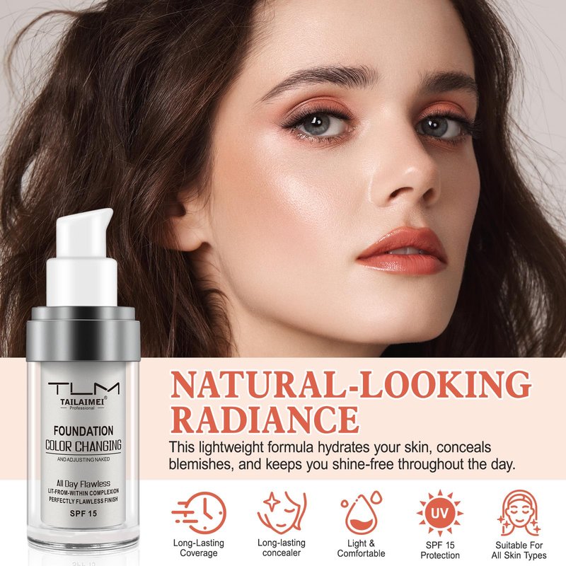2PCS Flawless Colour Changing Warm Skin Tone Foundation, Naturally Blends Moisturizing foundation makeup, Long Lasting Waterproof Lightweight Liquid Foundation SPF 15 for Face Makeup