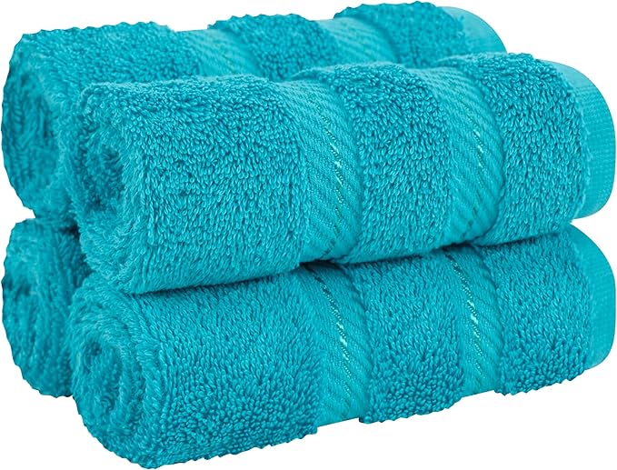 American Soft Linen Luxury Washcloths for Bathroom, 600 GSM 100% Cotton 4 Piece Turkish Wash Cloth Set, 13x13 in Soft Rags for Body and Face, Aqua Blue Washcloths