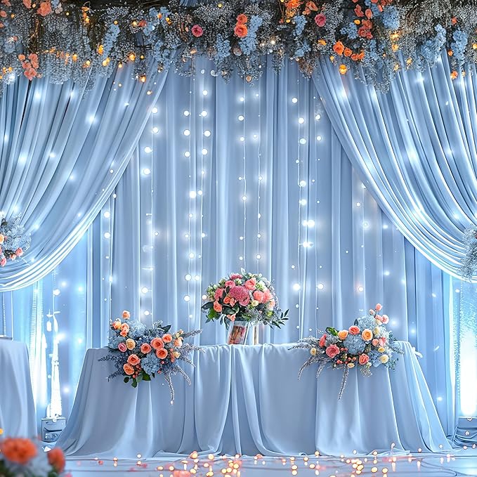 20 x 10ft Baby Blue Backdrop Curtains with Lights String for Baby Shower Photo Backdrop Drapes Wrinkle Free Polyester Long Curtains for Parties Wedding Reception Bridal Shower Ceremony-5 x 10ft 4Panel