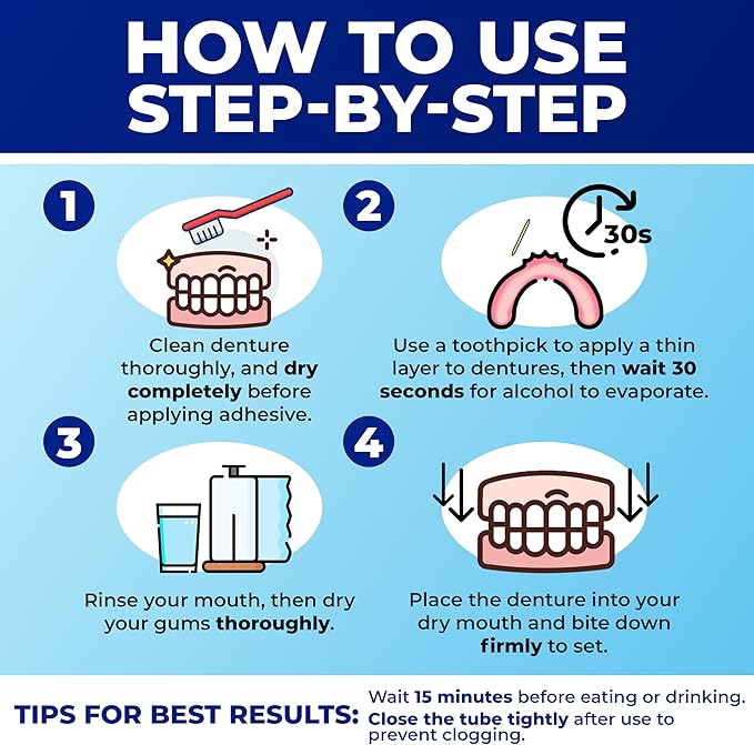 Secure Waterproof Denture Adhesive - Zinc Free - Extra Strong Hold For Upper, Lower or Partials - 1.4 oz (Pack of 8)