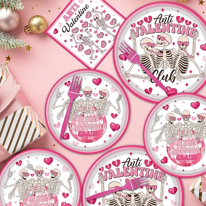 Rakuto Valentines Day Plates and Napkins Party Decorations, 96PCS Anti Valentine's Day Paper Plates and Napkins Decor, Galentines Anti Valentine Club Themed Forks Decoration for Home Wedding
