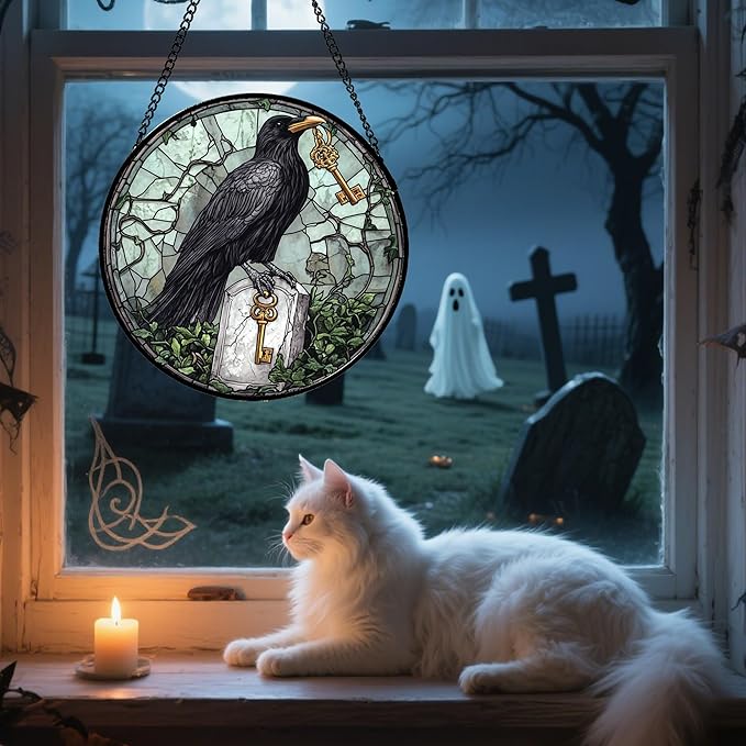 Stained Glass Window Hanging - Halloween Crow Holding A Key Suncatcher for Doors Garden Home Spooky Green Vines Sun Catchers Gothic Decor Horror Gift for Women Men Friend Boy Girl 9.8 in