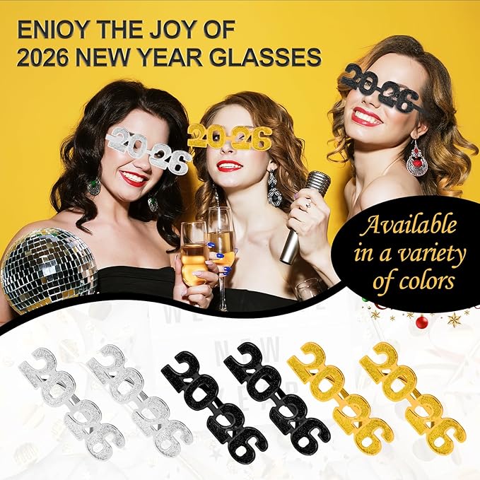 2026 Plastic Glasses Happy New Year Glitter Eyeglasses for 2026 Party New Year Eve Costume Photo Prop Supplies
