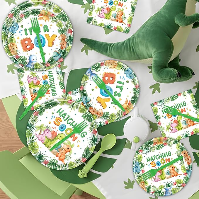 Rakuto Dinosaur Baby Shower Decorations, 96PCS Hatching Soon Baby Shower Disposable Paper Plates Napkins Party Decorations, Watercolor Dinosaur It's a Boy Forks Decor Supplies Serves 24