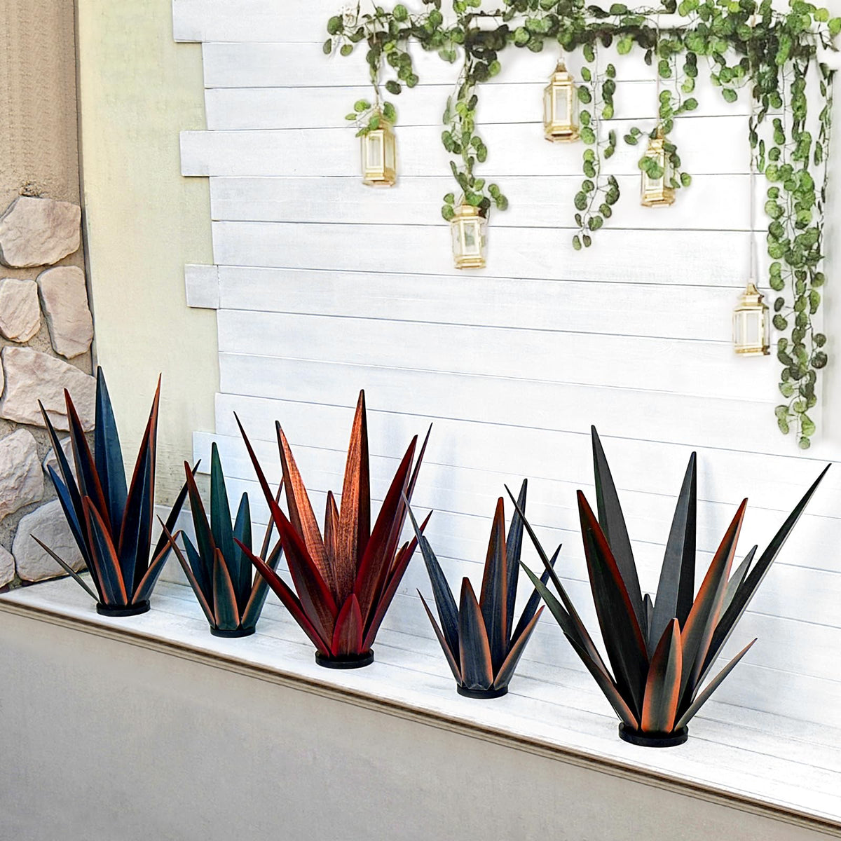 KODIBO 24" Large Metal Agave Plant Outdoor Decor with Solar Light, Blue