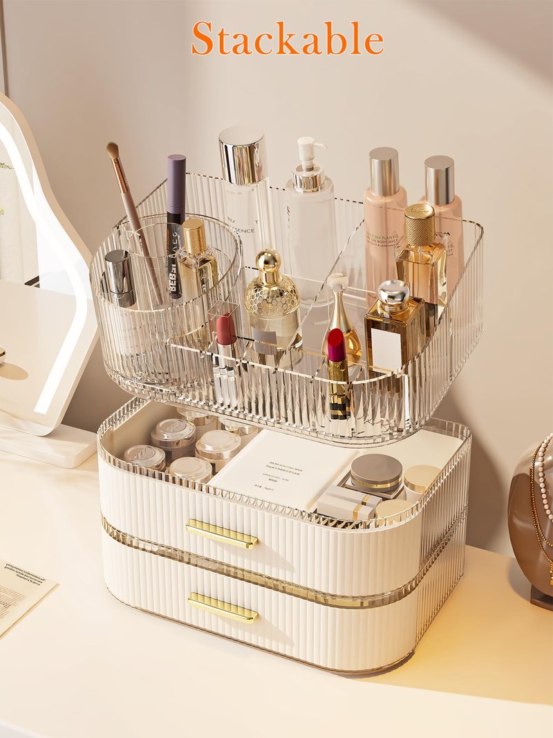 Makeup Organizer with Stackable Drawer, 360 Rotating Makeup Brush Holder, 11-inch Wide Large Cosmetic Display Case, Skincare Organizers and Storage for Vanity, Bathroom Countertop (1 Tray + 2 Drawer)