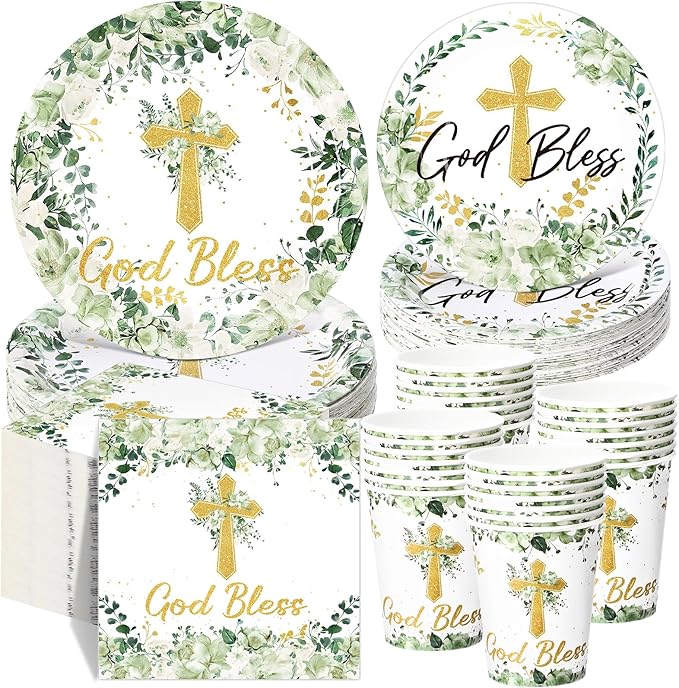 Pickmesh 250 Pcs Dinnerware Set Disposable Paper Plates Napkins and Cups Luncheon Dinner Tableware for Birthday Party Supplies Table(Sage Green,God Bless)