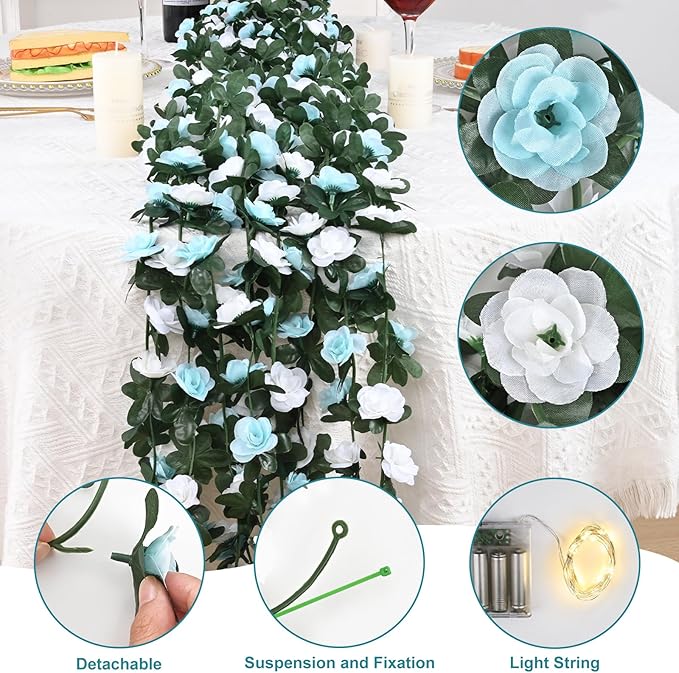MARTINE MALL Flower Garland Rose Vines, 5 Strands 41Ft Flowers Vines for Bedroom with 33 Ft/100 LED String Lights, Rose Flower Garland Decoration, Rose Floral Garland for Room Table Wedding Decor