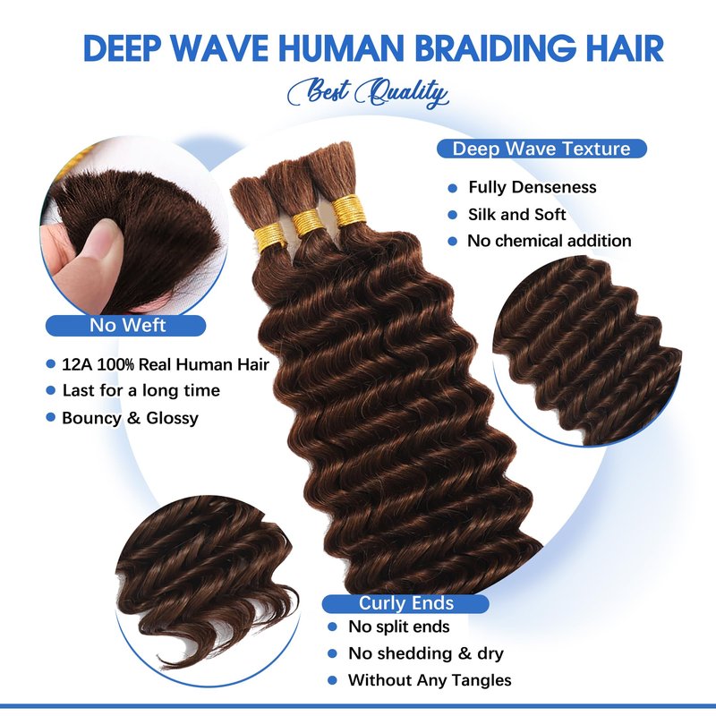 Human Braiding Hair for Boho Braids Human Hair 120g 16Inch Curly Boho Hair for Braiding Knotless 12A Deep Water Wave Bulk Hair Bohemian Braids No Weft 3 Bundles/Pack Chocolate Brown