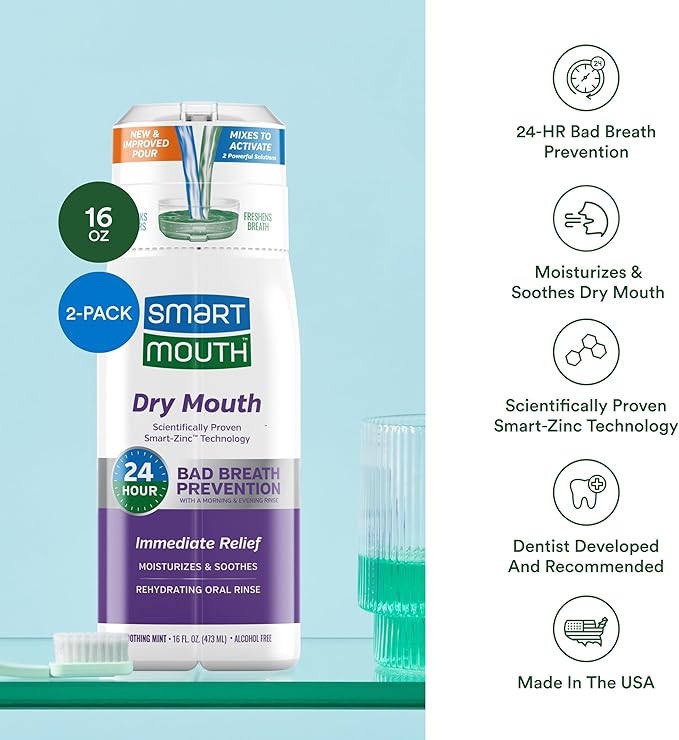 SmartMouth Activated Dry Mouth Mouthwash, Dry Mouth and Bad Breath Relief, Mint, 16 fl oz, 2 Pack