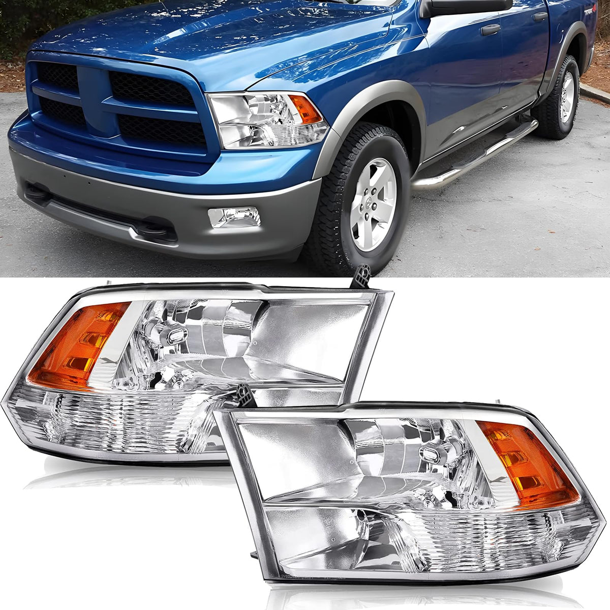 APSVE Headlights Assembly for 2009-2018 Dodge Ram 1500, 2010-2018 Dodge Ram 2500 3500 Headlamp Dual/Quad Beam Model, Chrome Hous
