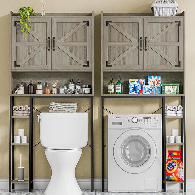 Vabches Over The Toilet Storage Cabinet, Farmhouse Storage Cabinet Over Toilet with 2 Barn Door & Toilet Paper Holder Stand，Home Space-Saving Toilet Rack, for Bathroom, Restroom, Laundry