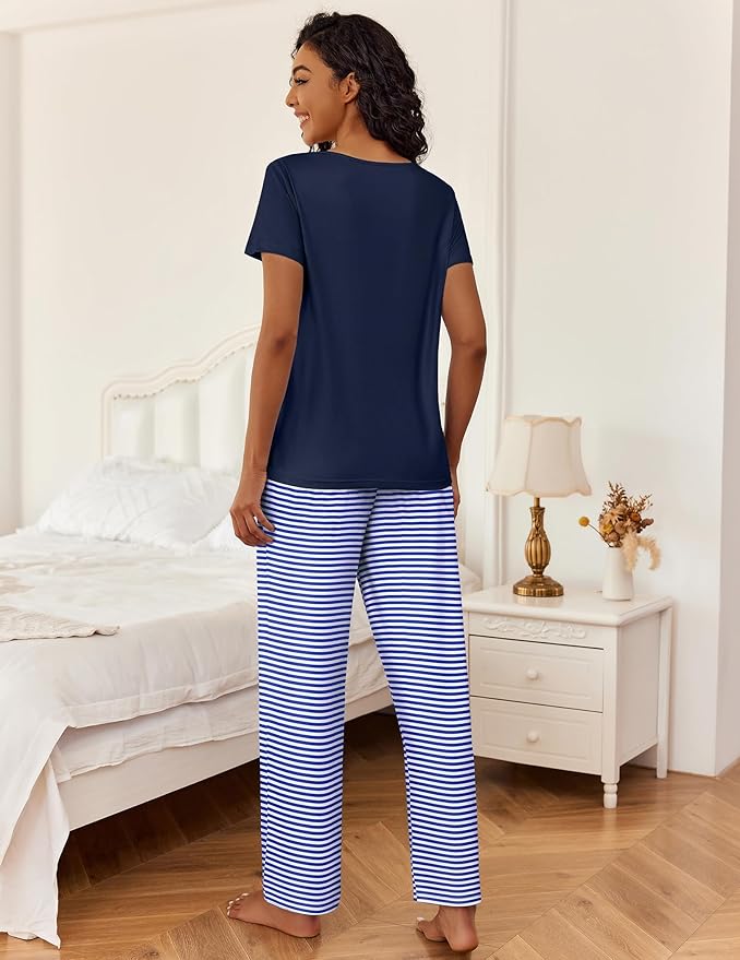Ekouaer 2 Piece Womens Pajamas V Neck Short Sleeve Top and Long Pants Pjs Print Lounge Set Sleepwear