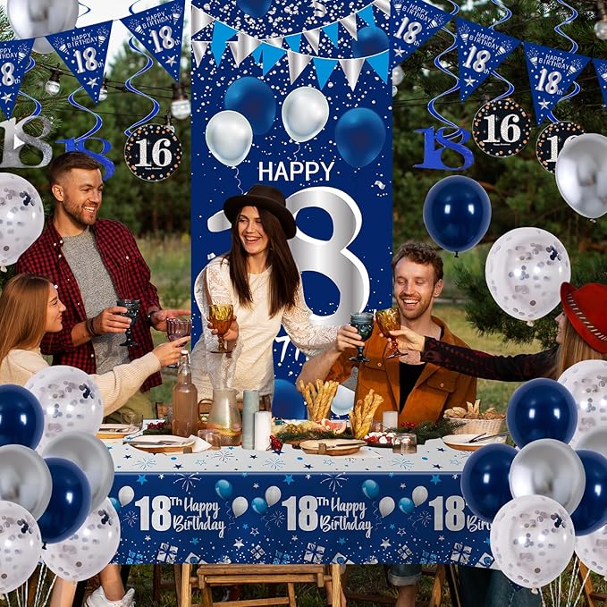 18th Birthday Decorations for Boys Girls, Blue Silver Happy 18th Birthday Decorations Set with 18th Birthday Backdrop Banner Tablecloth Balloons Triangle Flag, 18 Year Old Men Party Decor Supplies