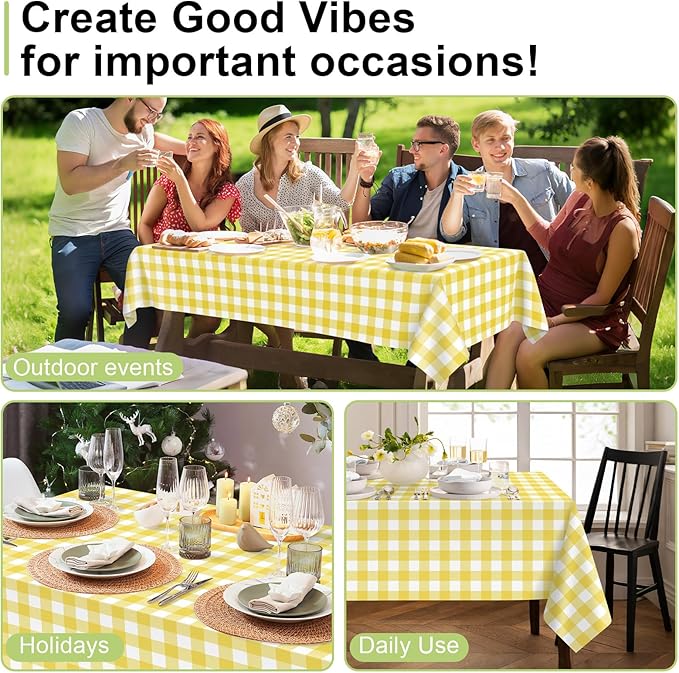 QIKSION Yellow Gingham Tablecloth Disposable 2 Pack, 54 x 108 Inch Yellow and White Checkered Table Cloth for Easter Decorations, Birthday Party Supplies, Rectangle, Plastic Table Cover