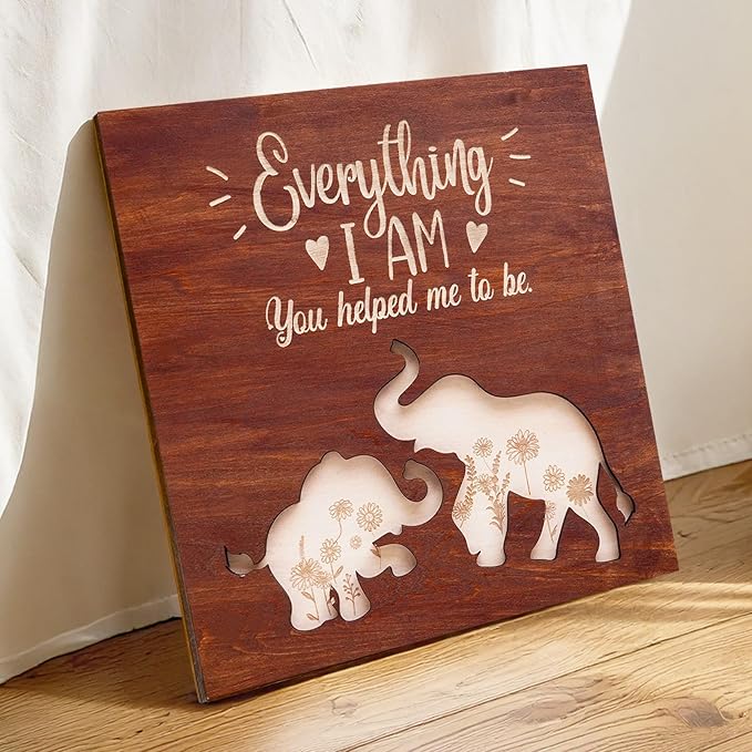 Elephant Wooden Frame Gifts for Mothers Day Mom Mama Elephant Sign Wall Decor Animal Plaque Father's Day Birthday Friendship Family Christmas Gifts for New Mom Nana Grandma from Son, Daughter HF88