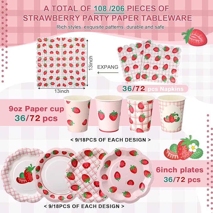 Yungyan 216 Pcs 72 Guest Strawberry Party Paper Plates and Napkins Strawberry Decoration Disposable 6" Scalloped Dessert Plates 9 oz Cup Tableware Set for Baby Shower Berry First Birthday Supplies