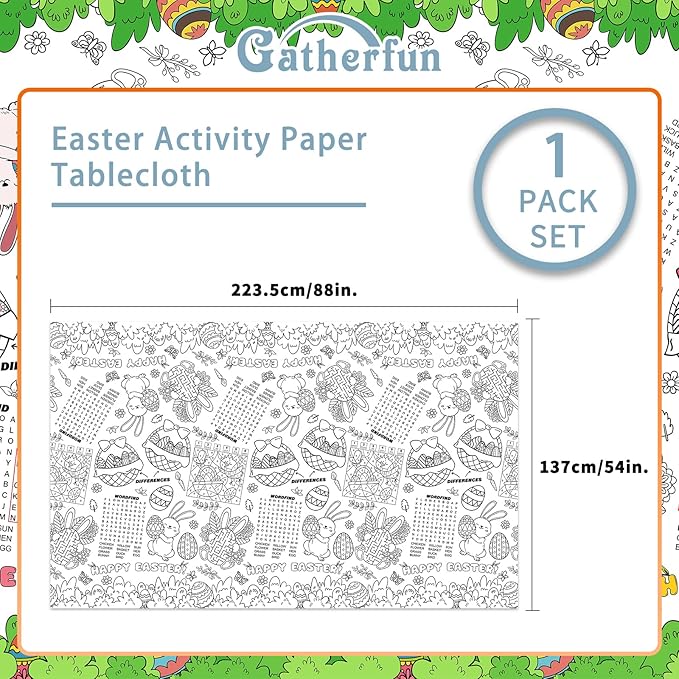 Gatherfun Disposable Easter Color-in Paper Tablecloth Decoration，Happy Easter Paper Table Cover for Children School Party Decor-54 x 88 in，1 pcs