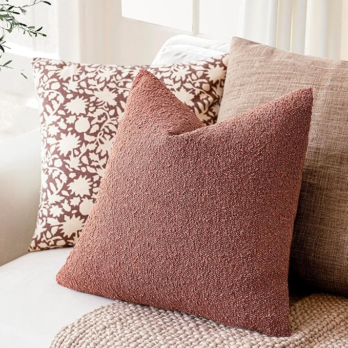 Foindtower Set of 2, Decorative Textured Boucle Throw Pillow Covers Accent Solid Pillow Cases Neutral Cozy Couch Cushion Case for Chair Sofa Bedroom Living Room Home Decor 26x26 Inch Orange Rust Red