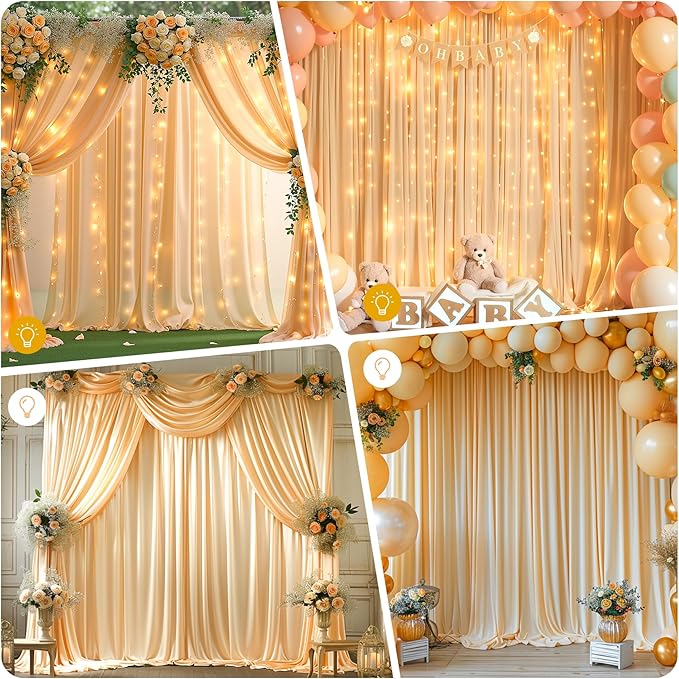 10 x 10ft Dark Champagne Backdrop Curtains with Lights String for Wedding Polyester Photo Backdrop Drapes Wrinkle Free Long Curtains Back Drop for Birthday Parties Reception Baby Shower Ceremony Event