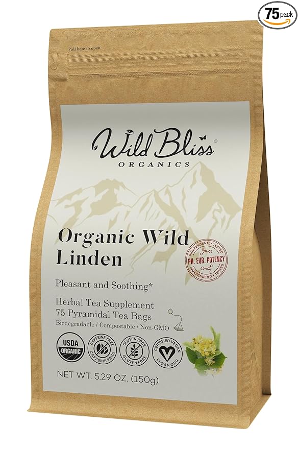 Wild Bliss Organic Linden Flower Tea - Caffeine Free Calming Herbal Tea - 75 Plant Based Tea Bags