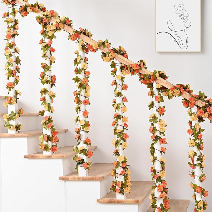 MARTINE MALL Flower Vines, 5 Strands 41Ft Rose Vines for Bedroom, Champagne and Orange Floral Garland for Room Birthday Wedding Party Garden Wall Decor