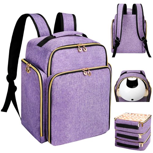 ahzske Nail Polish Organizer Backpack Holds 126 Bottles& Nail Lamp, Extra Large Nail Kit Supplies Organizer Bag with 3 Removable Cases, Portable Nail Organizers and Storage for Travel (Noble Purple)