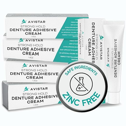 Extra Strong Denture Adhesive Cream, 12 Hour Hold Dental Glue, Waterproof, Zinc & Fluoride Free, Easy Apply Nozzle, Seals Food Out for Comfort, Mint Flavor (5 Pack, 7 Fl Oz)