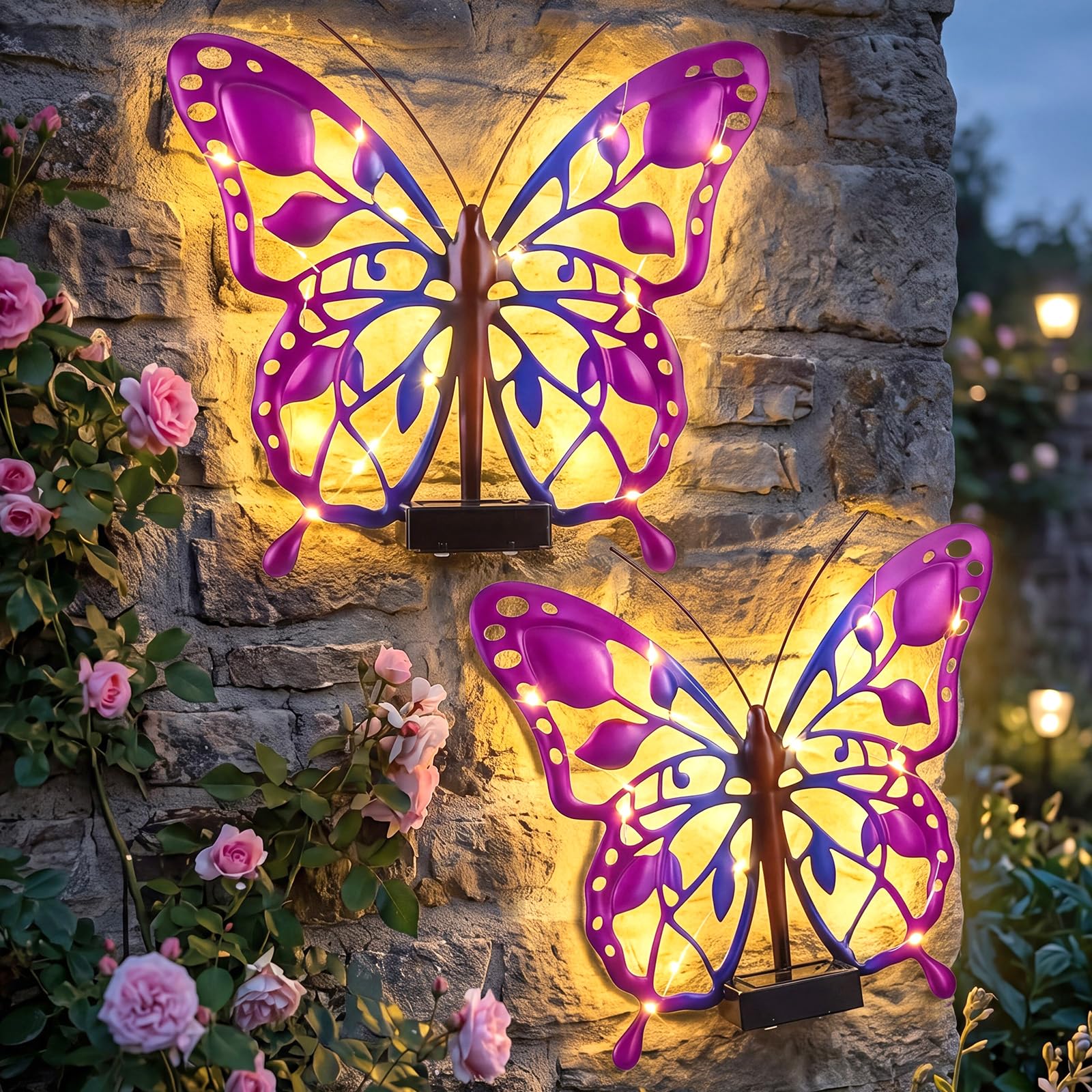 2 Pack Solar Butterfly Lights LED 9.8" Metal Butterfly Outdoor Wall Decor