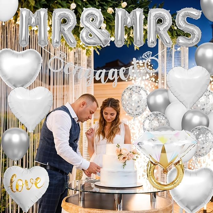 Silver Engagement Party Decorations, MR and MRS Balloons Decor, Metallic Silver Confetti Balloons, Love Heart and Diamond Ring Foil Balloon with Engaged Banner for Wedding Engagement Party Decoration