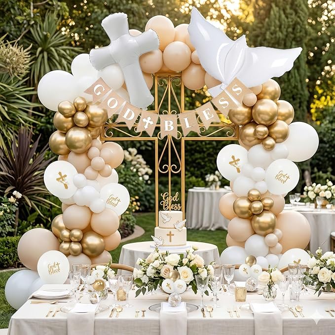 God Bless Baptism Decorations Kit Sand White & Pearl Champagne Gold Balloon Garland Arch - Dove Cross Foil Balloons, Banner for Christening, First Holy Communion, Confirmation, Religious Party