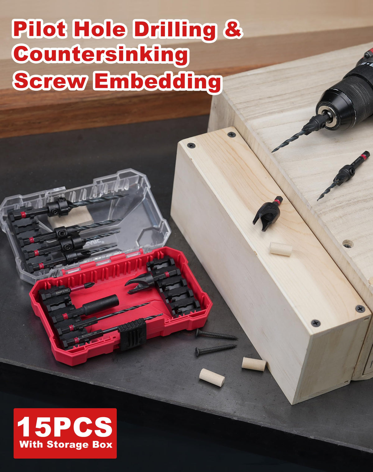 EZARC Countersink Drill Bit Set, 15 PCS Tapered Drill Bits Counter Sink Drill Bit with 2PCS Wood Plug Cutter 1/4" Hex Shank Quick Change for Woodworking with Storage Box
