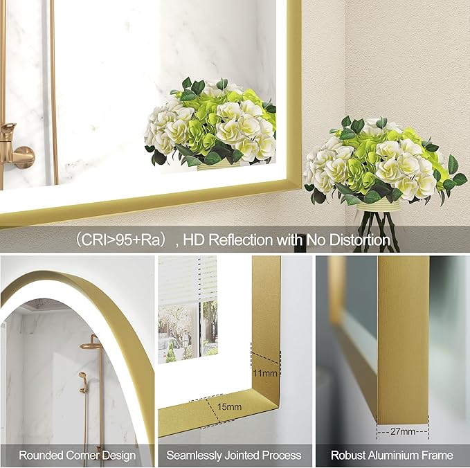 S'bagno 24x36 Arched Gold LED Mirror for Bathroom with Frontlit & Backlit, LED Bathroom Mirror with Metal Frame, Anti-Fog, Stepless Dimmable, 3 Color Temperature Vanity Mirror